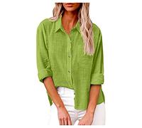 Angebote des Tages Heute Damen, Bluse Damen Sommer Tunika Damen Einfarbig Baumwolle Leinen Hemd Mit Knopfleiste Sommer Langarm Blusen Vintage Basic Damen Bluse Kurzarm Tunika Damen Elegant(Green,L)