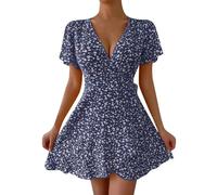 Angebote Des Tages Heute Damen Sommerkleid Damen Elegant Unterkleid Für Durchsichtige Kleider Kleider Für Schwangere Blümchenmuster Retro Boho Kleid Kurzarm Midikleid Sexy Kleider (Marine, Xxl)
