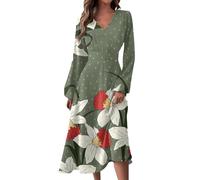 Angebote Des Tages Heute Damen Sommerkleid Damen Elegant Vintage Blumendruck V-Ausschnitt Langarm Kleid Herbst Lang Tunika Midikleid Strandkleid Kleid Festlich Damen Boho Kleider Damen Sommer,Safran,S