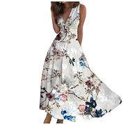 Angebote Des Tages Heute Damen Sommerkleider Damen Leicht Und Luftig Blumendruck Tiefer V-Ausschnitt Ärmellos Maxikleid Strandkleid Damen Kleid Damen Elegant Damen Kleider Sommer Lang,Marine,3XL