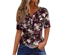 Angebote Des Tages Heute Damen Sport Shirts Für Damen Shirt Mit Gummizug Am Saum Damen Bluse Schwarz Damen V-Ausschnitt Henley Bluse Mit Knopfleiste Casual Sportoberteile Frauen (Dark Purple, M)