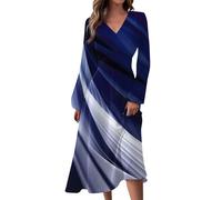 Angebote Des Tages Heute Kleid Damen Sommer 2024 Damen Lang Herbst Kleider V-Ausschnitt Liniendruck Langarm Kleid Elegant Tunika Midikleid Blusenkleid Damen Boho Kleid Damen Dresses for Women,Grün,XXL