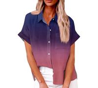Angebote Des Tages Heute, Longbluse Damen Sommer Leinenbluse Damen Kurzarm 3D Drucken Kurzarm Oberteile V-Ausschnitt Button Down Hemdbluse Lässige Tunika Tops Damenbluse Kurzarm (Dark Blue,3Xl)