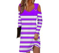 Angebote des Tages Heute Mittelalter Kleid Glitzer Kleid Neckholder Kleid Gestreiftes V-Ausschnitt Cold Shoulder Lange Ärmel Knielang Kleid Kaftan lang Sommerkleider (Purple, S)