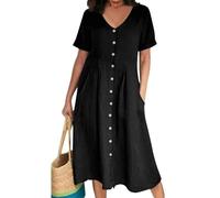 Angebote des Tages Heute musselin Kleid Damen Boho Kleid Einfarbig Baumwolle Leinen V-Ausschnitt Halben Ärmel Bluse Kleid Bandeau Kleid (Schwarz, XXL)