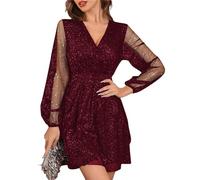 Angebote Des Tages Heute Schwarzes Kleid Damen Oskars Kleid Film Sommerkleid Schwarz V-Ausschnitt Mesh Glitzer Kleid Sexy Pailettenkleider Ausgefallene Ballkleider Frauen Shirtkleid Damen (Wein, M)