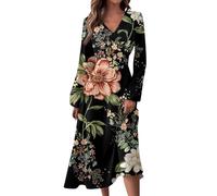 Angebote Des Tages Heute Sommerkleider Damen Herbst Kleid Vintage Blumendruck V-Ausschnitt Langarm Kleid Elegant Taille Midikleid Strandkleider Damen Sommer Boho Kleid Damen Kleider Sommer,Hellrosa,XL