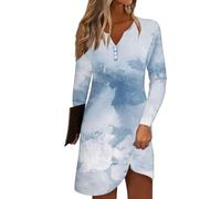 Angebote Des Tages Heute, Summer Dress Shirtkleid Damen Blumendruck V-Ausschnitt Bluse Kleid Casual Knopfleiste Minikleid Leichtes Kurzes Taillenkleid Kleid Festlich Damen Blusenkleid(Sky Blue,Xl)