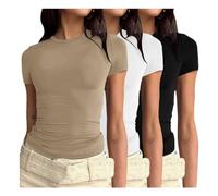 Angebote-des-Tages-Heute Tshirt Elegant 3er Pack Damen T-Shirt Rundhals Kurzarm Eng Basic Y2k Crop Tops Sommer Oberteile Einfarbig Shirt Weiss Damen Gym Basic Tops Slim Fit Elegant Tee Shirts