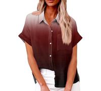Angebote des Tages, Leinenbluse Damen Leinen Damen 3D Drucken Kurzarm Oberteile V-Ausschnitt Button Down Hemdbluse Lässige Tunika Tops Musselin Bluse Weiß Weiße Bluse Damen Kurzarm(Wine,M)