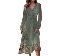 Angebote Des Tages Sommerkleider Damen 2024 Damen Lang Herbst Kleid Vintage Blumendruck V-Ausschnitt Lang Ärmel Tunika Kleid Sommerkleid Damen Knielang Kleid Hochzeitsgast Damen Midikleid Damen,Lila,M