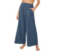 Angebote des Tages, Trekkinghose Damen Sommer Hose Damen Elegant Einfarbig Baumwolle Leinen Hosen Elastische Taille Palazzo Hose Mit Tasche Damen Cargohosen Cargohose Damen High Waist(Blau,L)