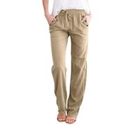 Angebote Jogginganzug Damen, Leinenhose Damen Damen Hosen Sommer Einfarbig Baumwolle Leinen Hose Casual Leicht Freizeithose Elastisch Taille Sommerhose Musselin Damen(3-Khaki,S)
