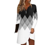 Angebote Tages Blitzangebote Heute, Sommerkleid Damen Elegant Kleider Damen Gestreiftesdruck V-Ausschnitt Lange Ärmel Bluse Kleid Casual Knopfleiste Minikleid Kleid Damen Midikleid Damen(Gray,S)