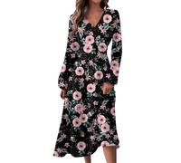 Angebote Tages Blitzangebote Heute Sommerkleid Midi Herbst Kleid Vintage Blumendruck V-Ausschnitt Langarm Kleid Elegant Taille Midikleid Strandkleider Damen Sommer Kleid Damen Elegant Sundress,Beige,S