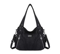 Angelkiss Women Top Handle Satchel Handbags Shoulder Bag Messenger Tote Washed Leather Purses Bag (BLACK) …