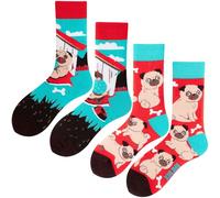 Angelteers 2 Paar Cartoon-Tier-Crew-Socken, lustige Baumwollsocken für Damen, mops, Einheitsgröße