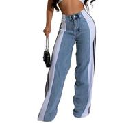 Angsuttc Damen-Jeans mit Patchwork-Streifen, hohe Taille, dehnbar, Denim-Farbblock, gerades weites Bein, trendige Jeans, blau / weiß, S