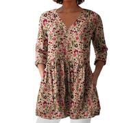 Angxiwan Bluse Damen Elegant V-Ausschnitt 3/4 Ärmel Tunika Langshirt Kurz Blusenkleid Blumenmuster Damenblusen Hemdbluse Top Oberteile Blusen Longshirt Der Sommer Als Ich SchöN Wurde