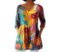 Angxiwan Bluse Damen Elegant V-Ausschnitt 3/4 Ärmel Tunika Langshirt Kurz Blusenkleid Blumenmuster Damenblusen Hemdbluse Top Oberteile Blusen Longshirt Damenmode of Sale