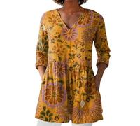 Angxiwan Bluse Damen Elegant V-Ausschnitt 3/4 Ärmel Tunika Langshirt Kurz Blusenkleid Blumenmuster Damenblusen Hemdbluse Top Oberteile Blusen Longshirt Outlet Angebote of Sale