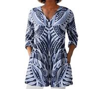 Angxiwan Bluse Damen Elegant V-Ausschnitt 3/4 Ärmel Tunika Langshirt Kurz Blusenkleid Blumenmuster Damenblusen Hemdbluse Top Oberteile Blusen Longshirt Sale of Damen Bekleidung Elegant