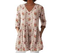Angxiwan Bluse Damen Elegant V-Ausschnitt 3/4 Ärmel Tunika Langshirt Kurz Blusenkleid Blumenmuster Damenblusen Hemdbluse Top Oberteile Blusen Longshirt Sale of Damen Bekleidung Elegant