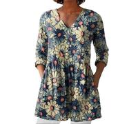 Angxiwan Bluse Damen Elegant V-Ausschnitt 3/4 Ärmel Tunika Langshirt Kurz Blusenkleid Blumenmuster Damenblusen Hemdbluse Top Oberteile Blusen Longshirt Outlet Angebote of Sale