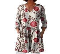 Angxiwan Bluse Damen Elegant V-Ausschnitt 3/4 Ärmel Tunika Langshirt Kurz Blusenkleid Blumenmuster Damenblusen Hemdbluse Top Oberteile Blusen Longshirt Tagesangebote Heute
