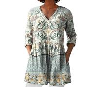 Angxiwan Bluse Damen Elegant V-Ausschnitt 3/4 Ärmel Tunika Langshirt Kurz Blusenkleid Blumenmuster Damenblusen Hemdbluse Top Oberteile Blusen Longshirt Meine Bestellungen