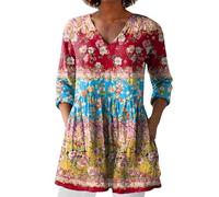 Angxiwan Bluse Damen Elegant V-Ausschnitt 3/4 Ärmel Tunika Langshirt Kurz Blusenkleid Blumenmuster Damenblusen Hemdbluse Top Oberteile Blusen Longshirt Oberteile Damen of Sale