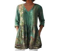 Angxiwan Bluse Damen Elegant V-Ausschnitt 3/4 Ärmel Tunika Langshirt Kurz Blusenkleid Blumenmuster Damenblusen Hemdbluse Top Oberteile Blusen Longshirt Sommerkleider Damen Leicht Und Luftig