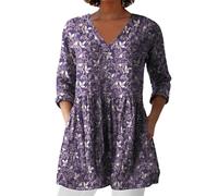 Angxiwan Bluse Damen Elegant V-Ausschnitt 3/4 Ärmel Tunika Langshirt Kurz Blusenkleid Blumenmuster Damenblusen Hemdbluse Top Oberteile Blusen Longshirt Der Sommer Als Ich SchöN Wurde
