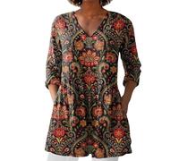 Angxiwan Bluse Damen Elegant V-Ausschnitt 3/4 Ärmel Tunika Langshirt Kurz Blusenkleid Blumenmuster Damenblusen Hemdbluse Top Oberteile Blusen Longshirt Angebote des Tages Heute Damen
