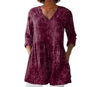 Angxiwan Bluse Damen Elegant V-Ausschnitt 3/4 Ärmel Tunika Langshirt Kurz Blusenkleid Blumenmuster Damenblusen Hemdbluse Top Oberteile Blusen Longshirt Outlet Angebote of Sale
