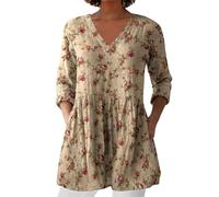 Angxiwan Bluse Damen Elegant V-Ausschnitt 3/4 Ärmel Tunika Langshirt Kurz Blusenkleid Blumenmuster Damenblusen Hemdbluse Top Oberteile Blusen Longshirt Der Sommer Als Ich SchöN Wurde