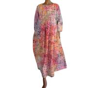 Angxiwan Leichtes Sommerkleid Damen Lang Kleid Bohemien Drucken Maxi Kleid Urlaub Kleid Bequem Freizeitkleid Bunt Strandkleider Elegant mit Tasche Kleider 3/4 Arm V Aausschnitt Kleid