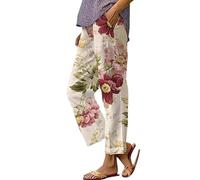 Angxiwan Leinenhose Damen 7/8 Lang Sommerhose Blumenmuster Freizeithose Lockere mit Taschen Hose Leinen Stoffhose Outdoorhose Sonnenschutzhose Haremshose Marken Oberteile Damen of Sale