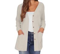 Angxiwan Strickjacke Damen Weiss Strickjacke Winter Langarm Strickpullover Dünne Leichte Feinstrickpullover Lang Strickcardigan mit Knöpfen Herbst Elegant Longstrickjacke Sweatshirt Damen weiß