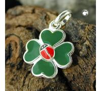 Anhänger 12mm Kleeblatt mit Marienkäfer farbig lackiert Silber 925
