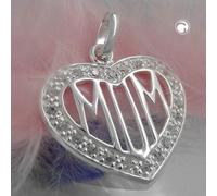 Anhänger 20mm Herz mit vielen Zirkonias und filigraner Inschrift MOM Silber 925
