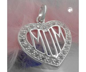 Anhänger 20mm Herz mit vielen Zirkonias und filigraner Inschrift MOM Silber 925