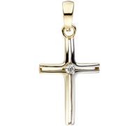 Anhänger Kreuz schmal 375 Gold Gelbgold bicolor 1 Zirkonia Kreuzanhänger