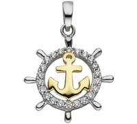 Anhänger Steuerrad Anker 925 Silber bicolor vergoldet 22 Zirkonia