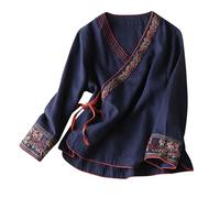 ANHATUIV Baumwoll-Leinen-Langarm-Stickerei-Hemd für Damen, Vintage, Cheongsam-Tops, Hanfu, traditioneller Tang-Anzug, Zen Tee, Knopfleiste, Blusen, Damen, elegant, übergroß, Marineblau, Größe XL, 56