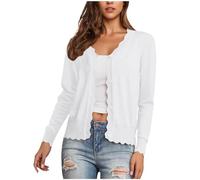 ANHATUIV Damen-Strickjacke, bauchfrei, Sommer, langärmelig, Top, V-Ausschnitt, Knopfleiste, leicht, Oberbekleidung, lässig, Bolero, Cardigan, für Strand, Abend, Hochzeit, A01-weiß, 42