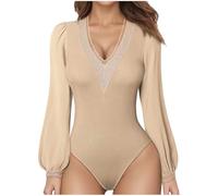 ANHATUIV Eleganter Body für Damen, Spitzenbesatz, V-Ausschnitt, Gymnastikanzug, Oberteil, Laternenärmel, Langarm-Body, Jumpsuit, Strampler, beige, 46