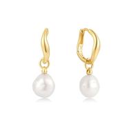 ANIA HAIE Damen Creolen CHIC CREATOR Freshwater Pearl Drop Hoops aus 925 Sterling Silber 14k vergoldet, verziert mit 2 Süßwasserperlen, Größe: 12 x 1,5~3 mm, inkl. Geschenkverpackung