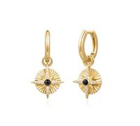 ANIA HAIE Damen Creolen Sunshine Chaser Astrolabe Charm Huggies 925 Sterling Silber 14k Gold vergoldet, besetzt mit 1 schwarzem Achat und 24 Zirkonia, Größe: 9 x 1,7mm, inkl. Geschenkverpackung