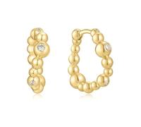 ANIA HAIE Damen Ohrring MELODIC POET Bezel Beaded Curved Huggie Hoop aus 925 Sterling Silber 14k vergoldet, besetzt mit 6 Zirkonia und Goldperlen, Länge 16mm, inkl. Geschenkverpackung